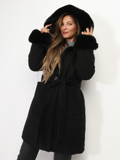 Manteau bi-matière à capuche et manches fourrées