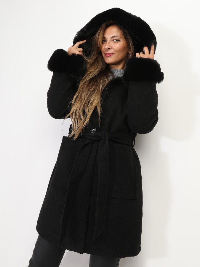 Manteau bi-matière à capuche et manches fourrées