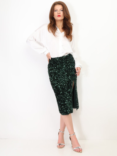 Jupe mi-longue fendue à sequins