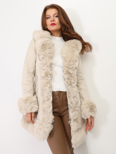 Manteau en suédine ceinturé à fourrure synthétique