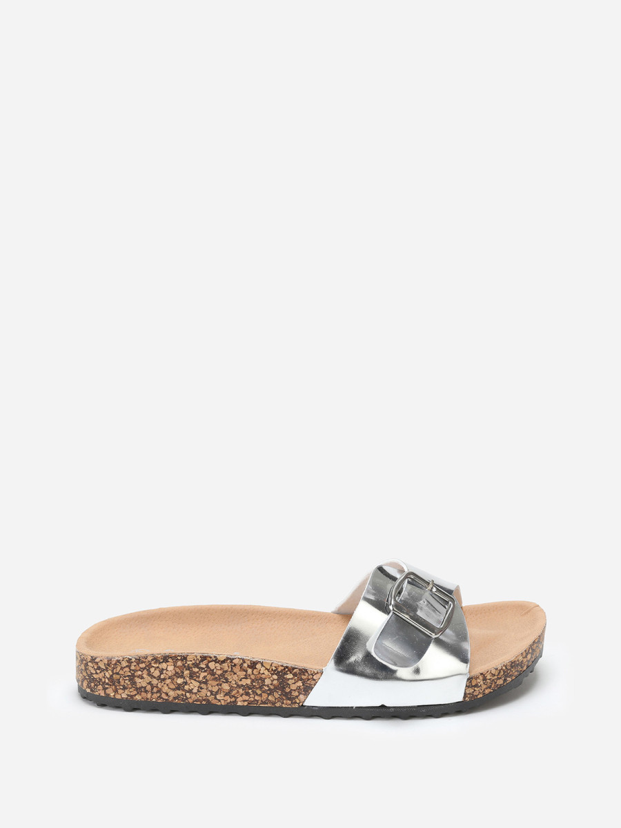 Mules argentées vernies à semelle effet liège