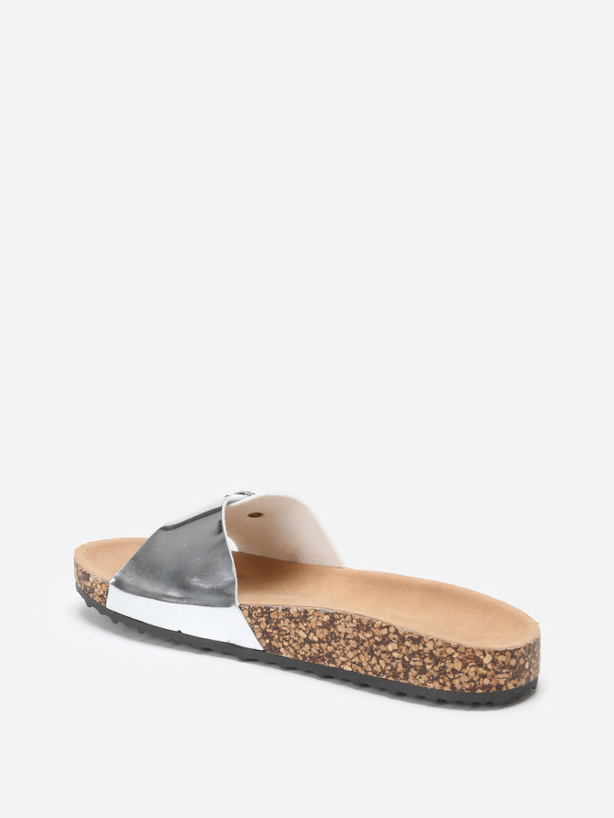 Mules argentées vernies à semelle effet liège