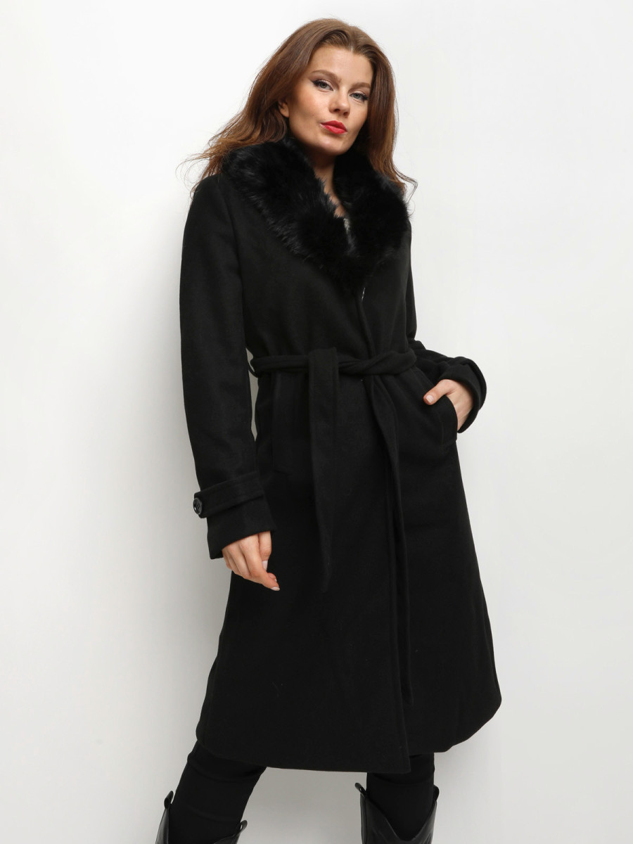 Manteau ceinturé à col fourré