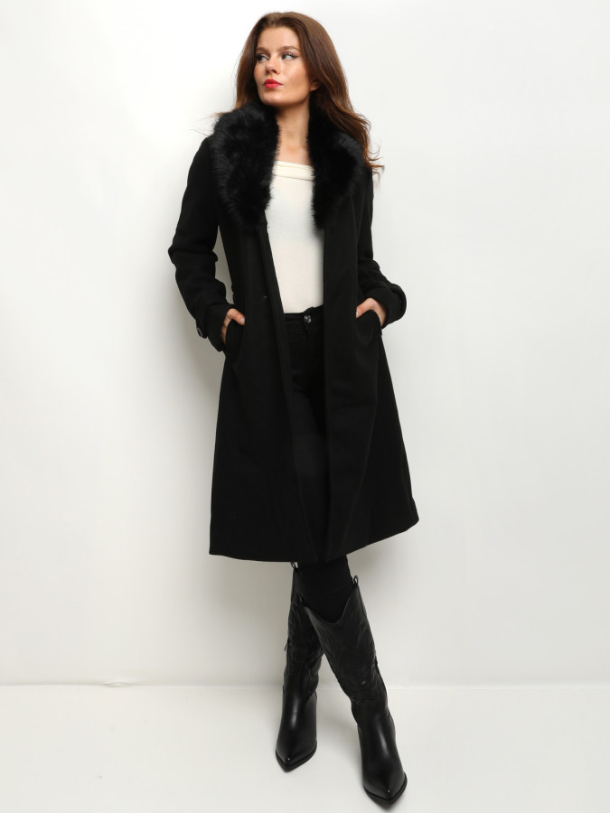 Manteau ceinturé à col fourré