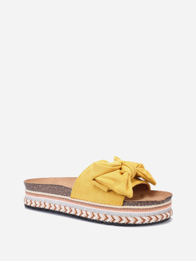 Mules jaunes avec noeud et plateforme motif ethnique