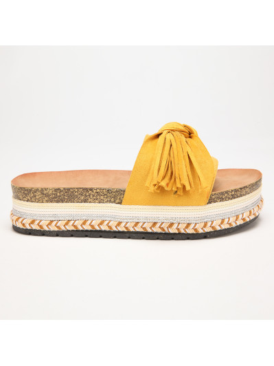 Mules jaunes à motif ethnique avec noeud et pompon