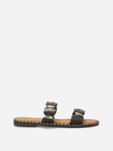 Mules à brides festonnées et détails dorés