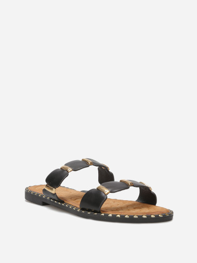 Mules à brides festonnées et détails dorés