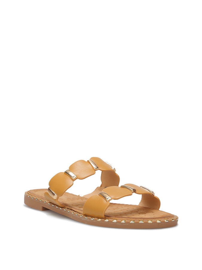 Mules à brides festonnées et détails dorés