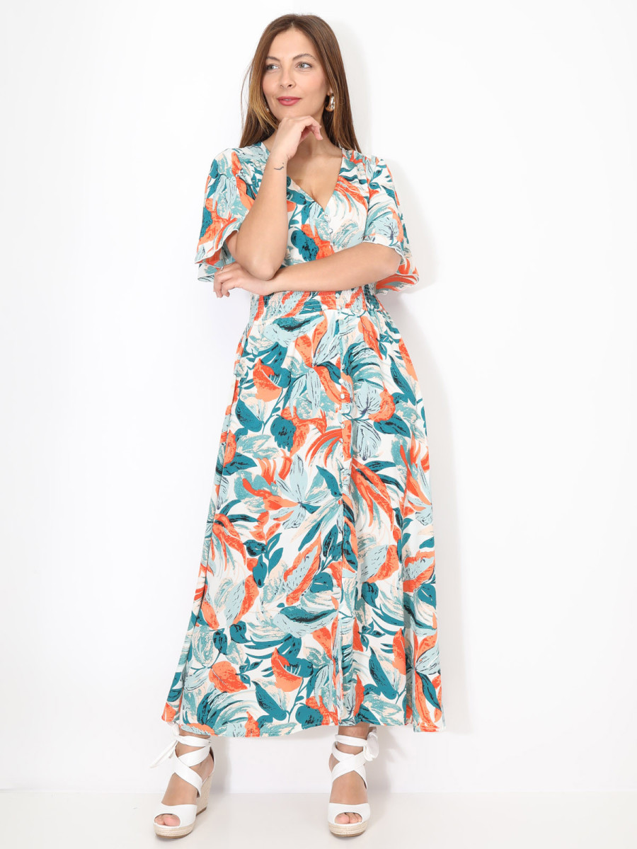 Robe longue et smock?�e ?� motif tropical