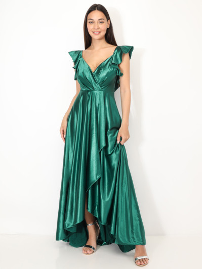 Robe longue satinée avec mancherons vert foncé
