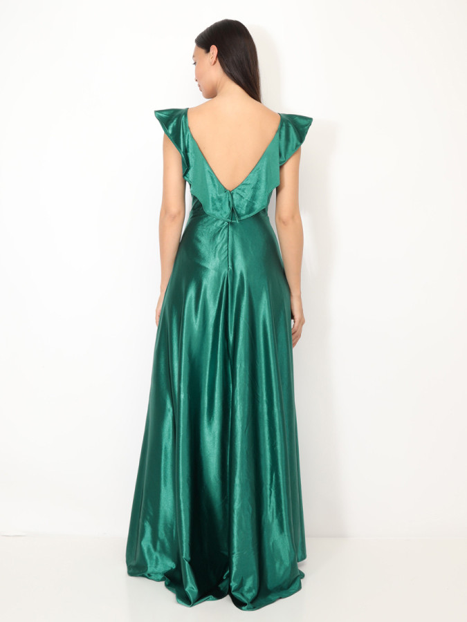 Robe longue satinée avec mancherons vert foncé
