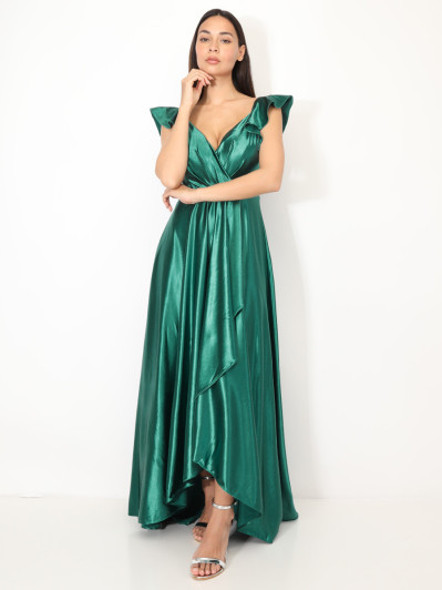 Robe longue satinée avec mancherons vert foncé