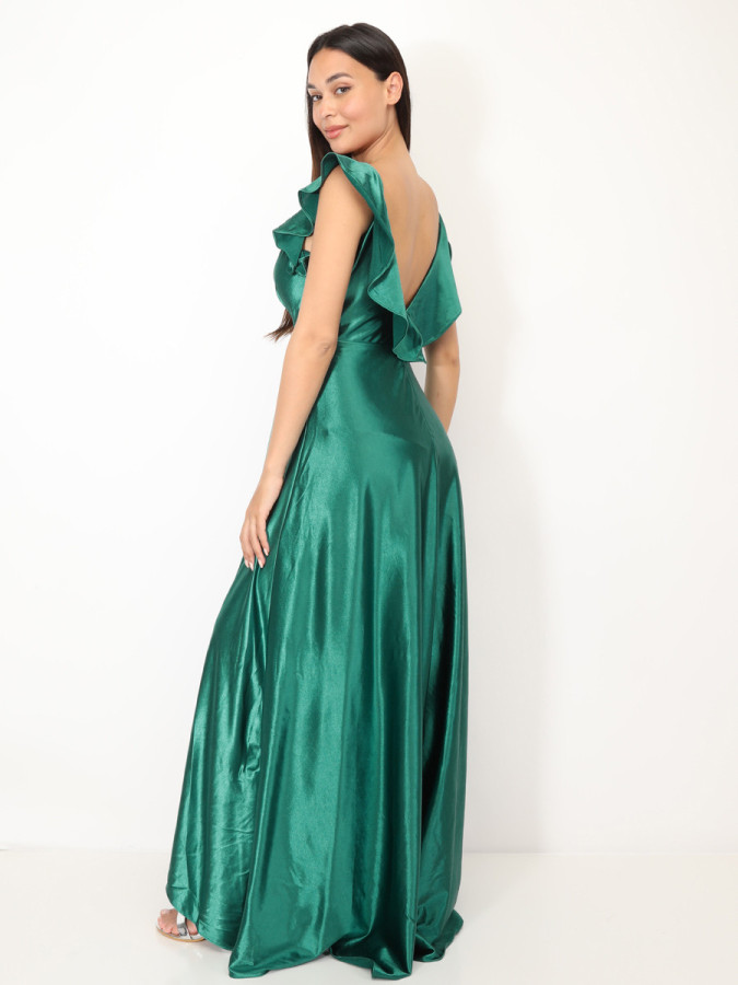 Robe longue satinée avec mancherons vert foncé