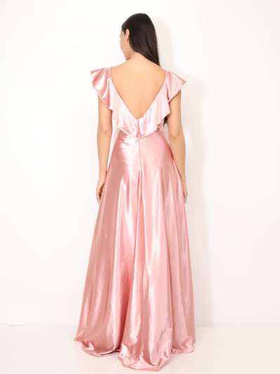 Robe longue satinée avec mancherons volants rose