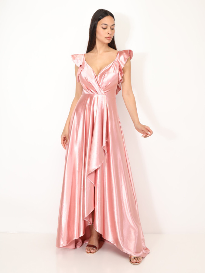 Robe longue satinée avec mancherons volants rose