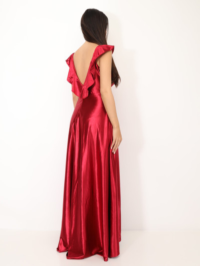 Robe longue satinée avec mancherons volants rouge