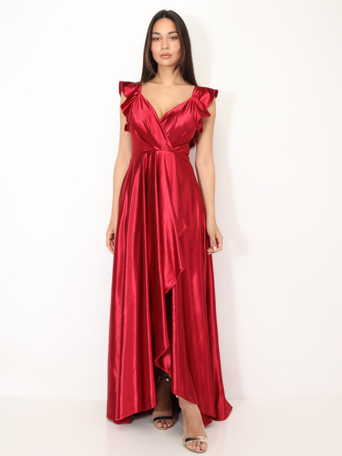 Robe longue satinée avec mancherons volants rouge