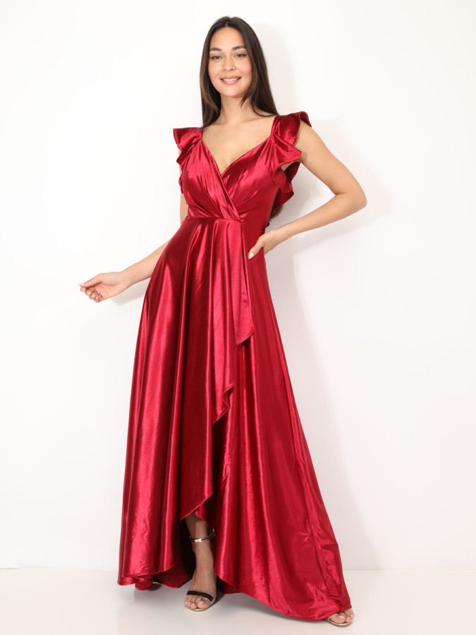 Robe longue satinée avec mancherons volants rouge