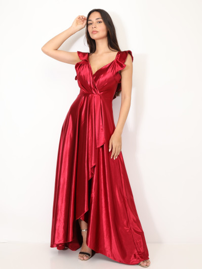 Robe longue satinée avec mancherons volants rouge
