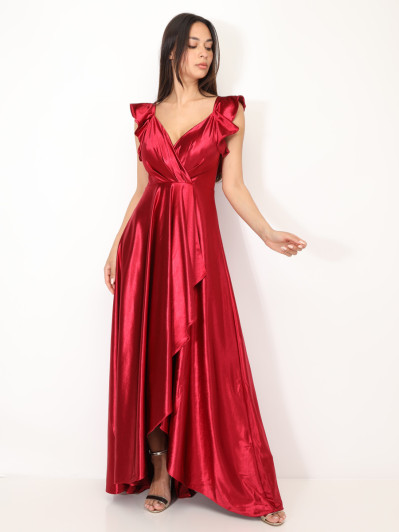 Robe longue satinée avec mancherons volants rouge
