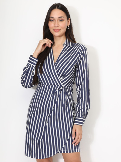 Robe chemise cachecoeur à rayures bleu marine et blanches
