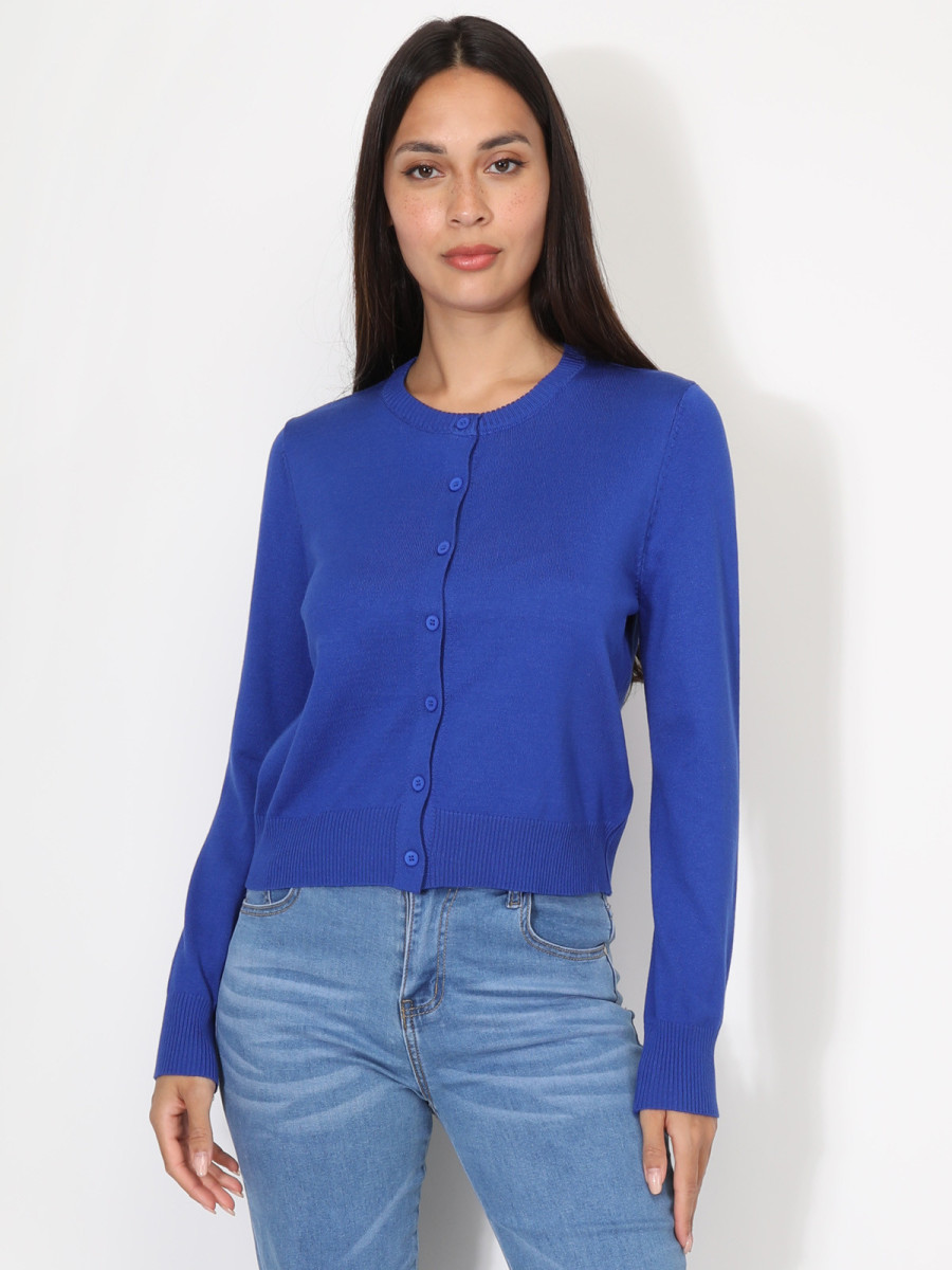 Cardigan bleu à col rond et boutons