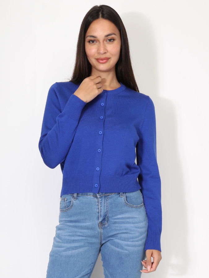Cardigan bleu à col rond et boutons