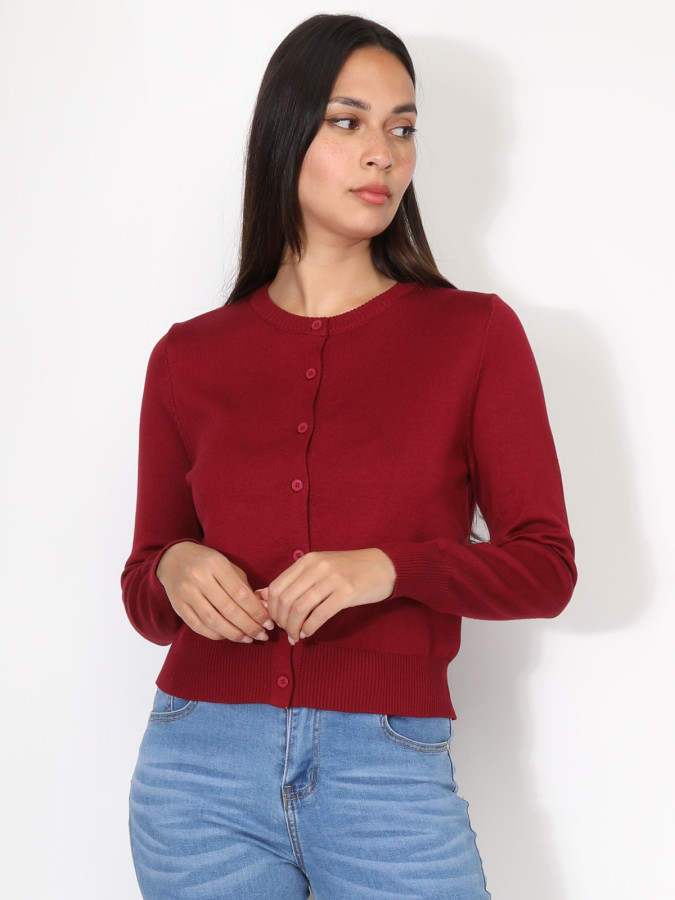 Cardigan bordeaux à col rond et boutons