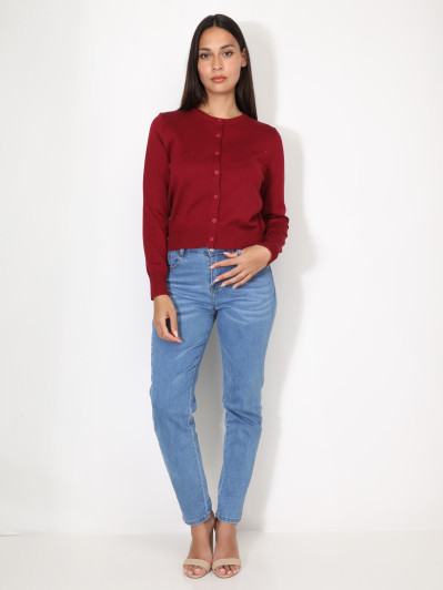 Cardigan bordeaux à col rond et boutons