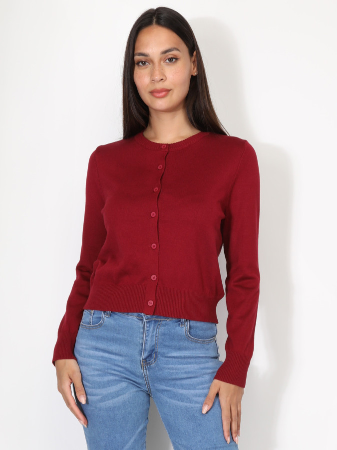 Cardigan bordeaux à col rond et boutons