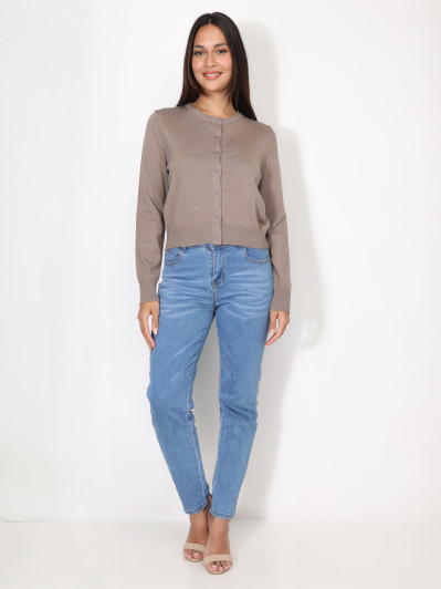 Cardigan taupe à col rond et boutons