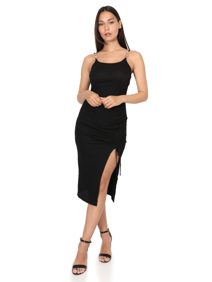 Robe froncée avec bretelles à détails dorés