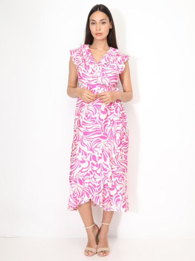 Robe portefeuille à imprimé fuchsia et à volants