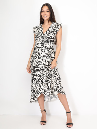 Robe portefeuille à imprimé noir et à volants