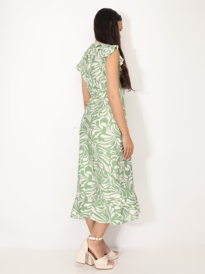 Robe portefeuille à imprimé vert olive et à volants