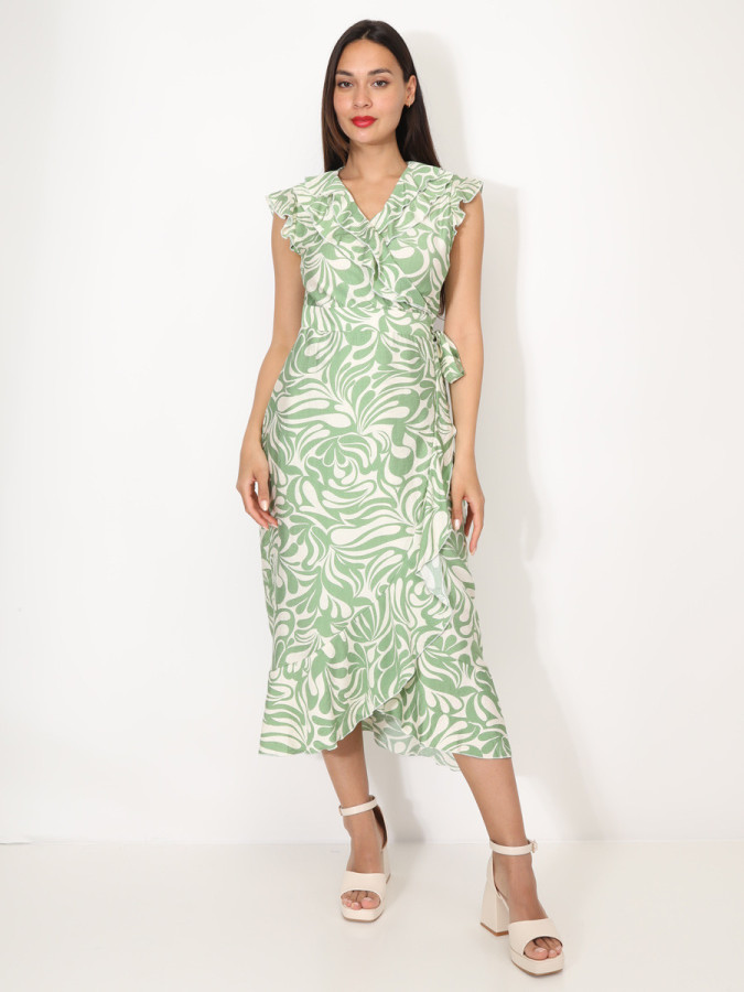 Robe portefeuille à imprimé vert olive et à volants
