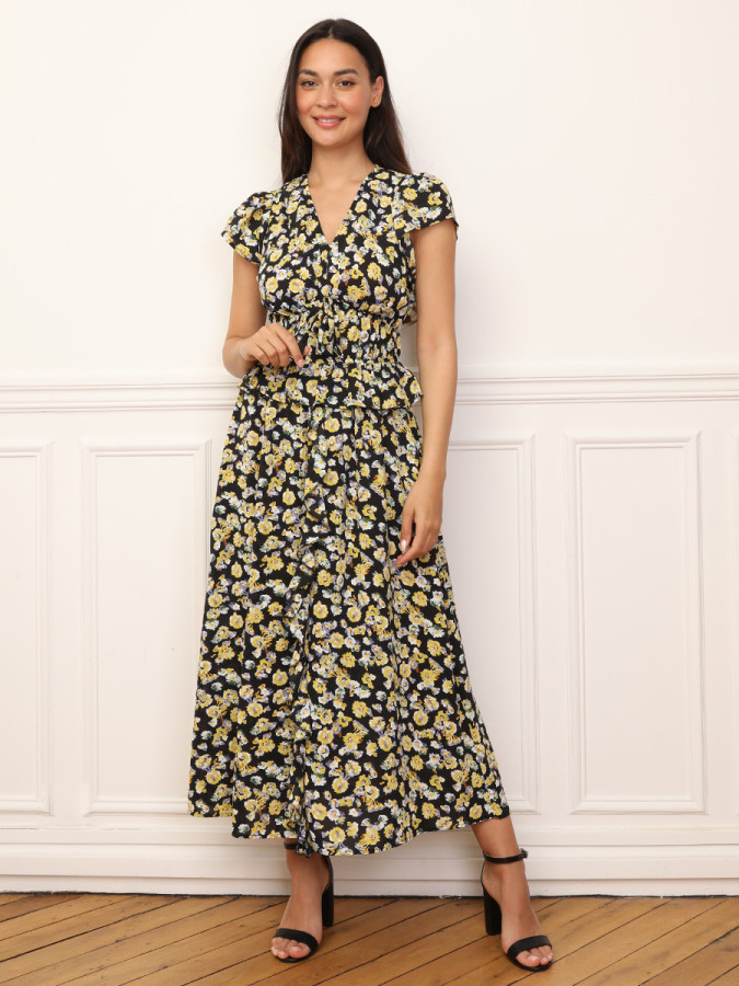 Robe florale à effet corset et volants