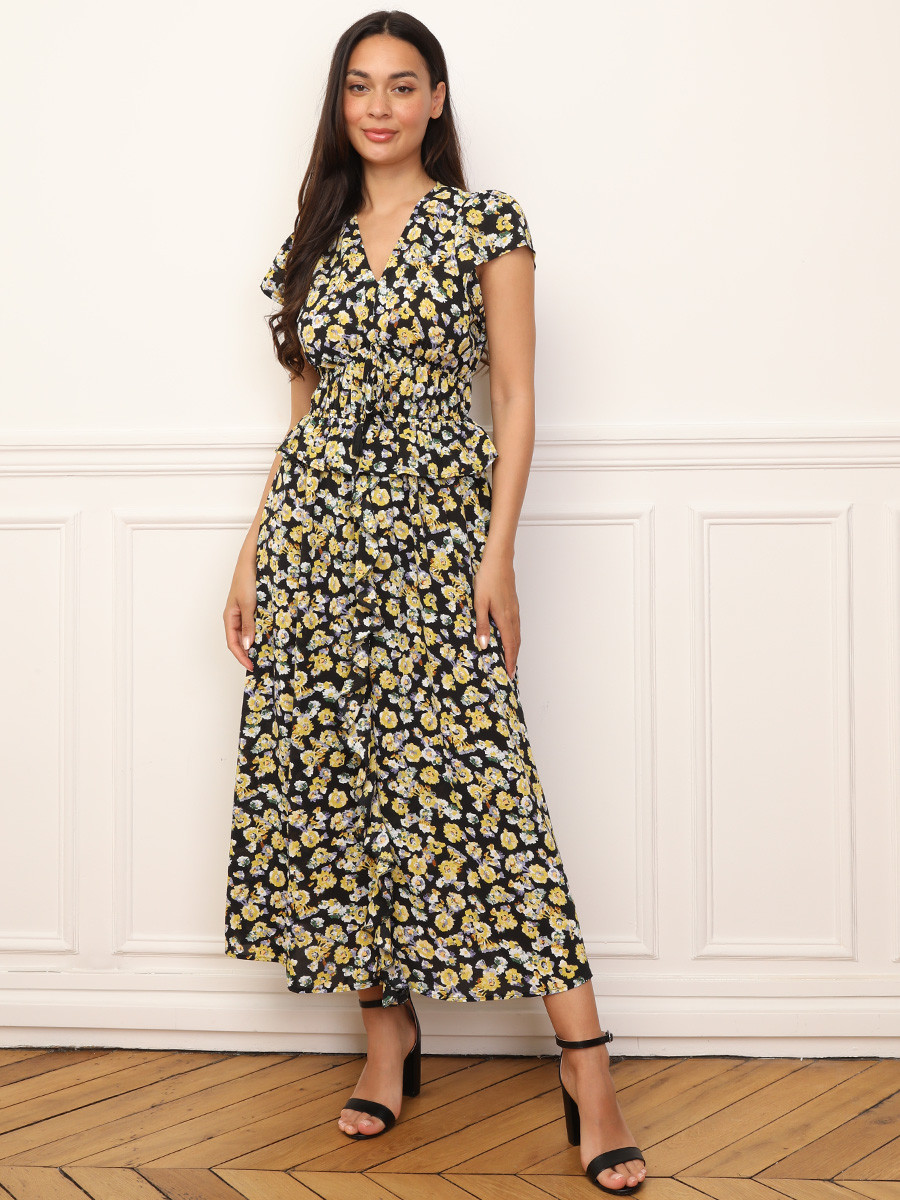 Robe florale à effet corset et volants