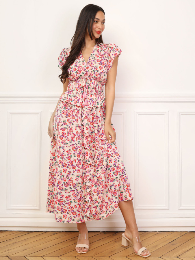 Robe florale à effet corset et volants