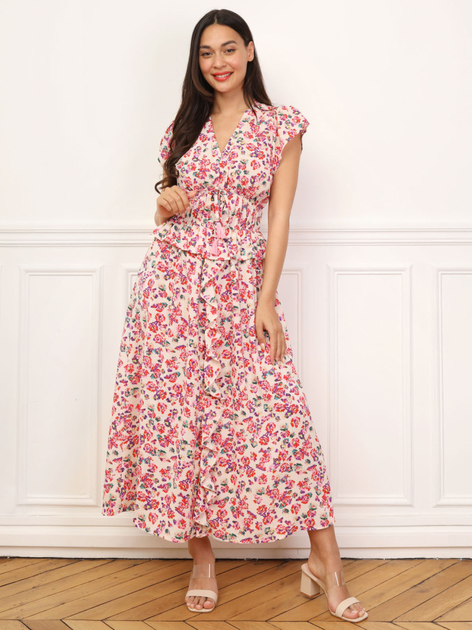 Robe florale à effet corset et volants