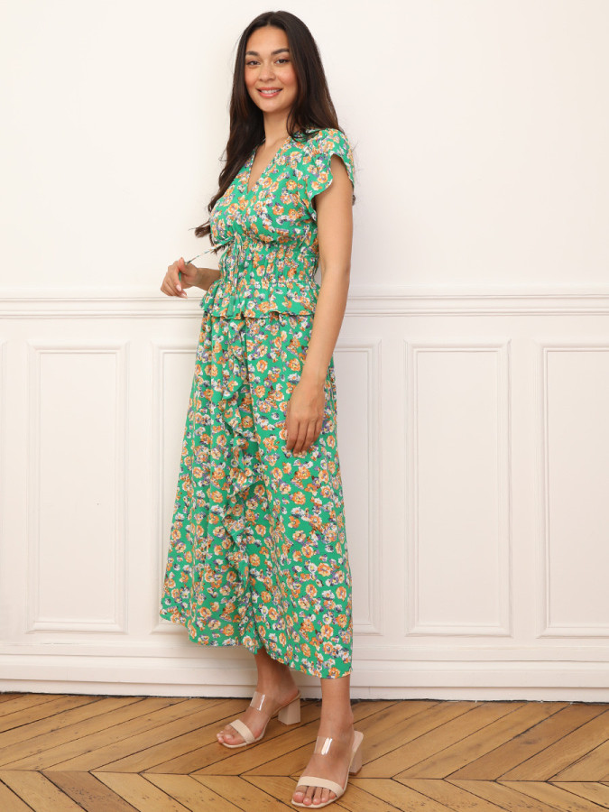 Robe florale à effet corset et volants