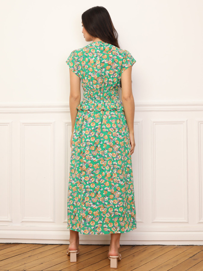 Robe florale à effet corset et volants