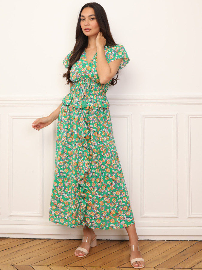 Robe florale à effet corset et volants