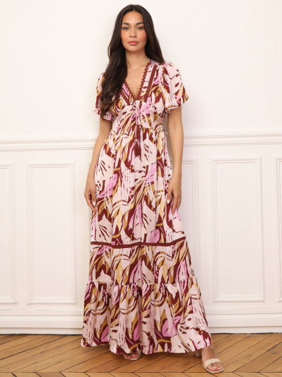 Robe longue à motif tropical et pompons