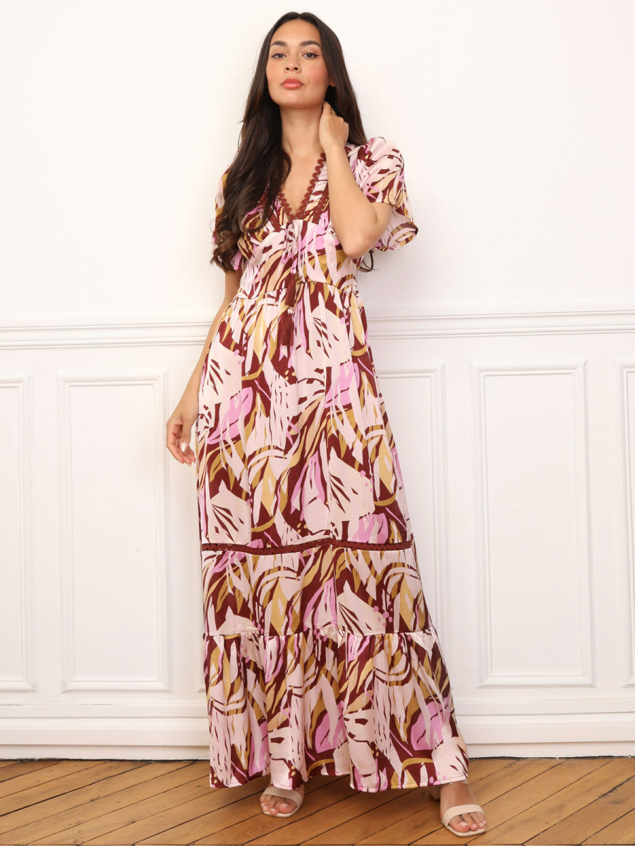 Robe longue à motif tropical et pompons