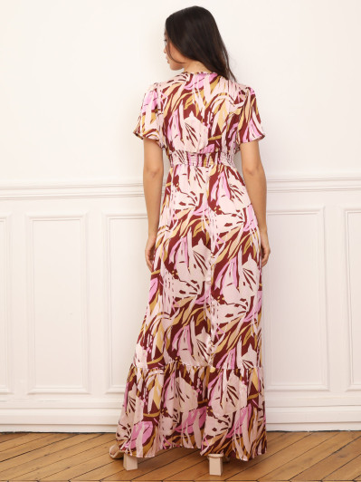 Robe longue à motif tropical et pompons