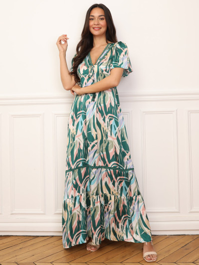 Robe longue à motif tropical et pompons