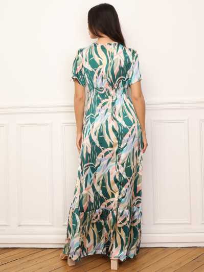Robe longue à motif tropical et pompons