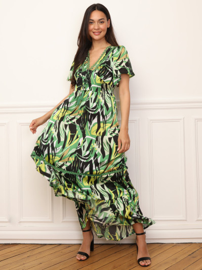 Robe longue à motif tropical et pompons